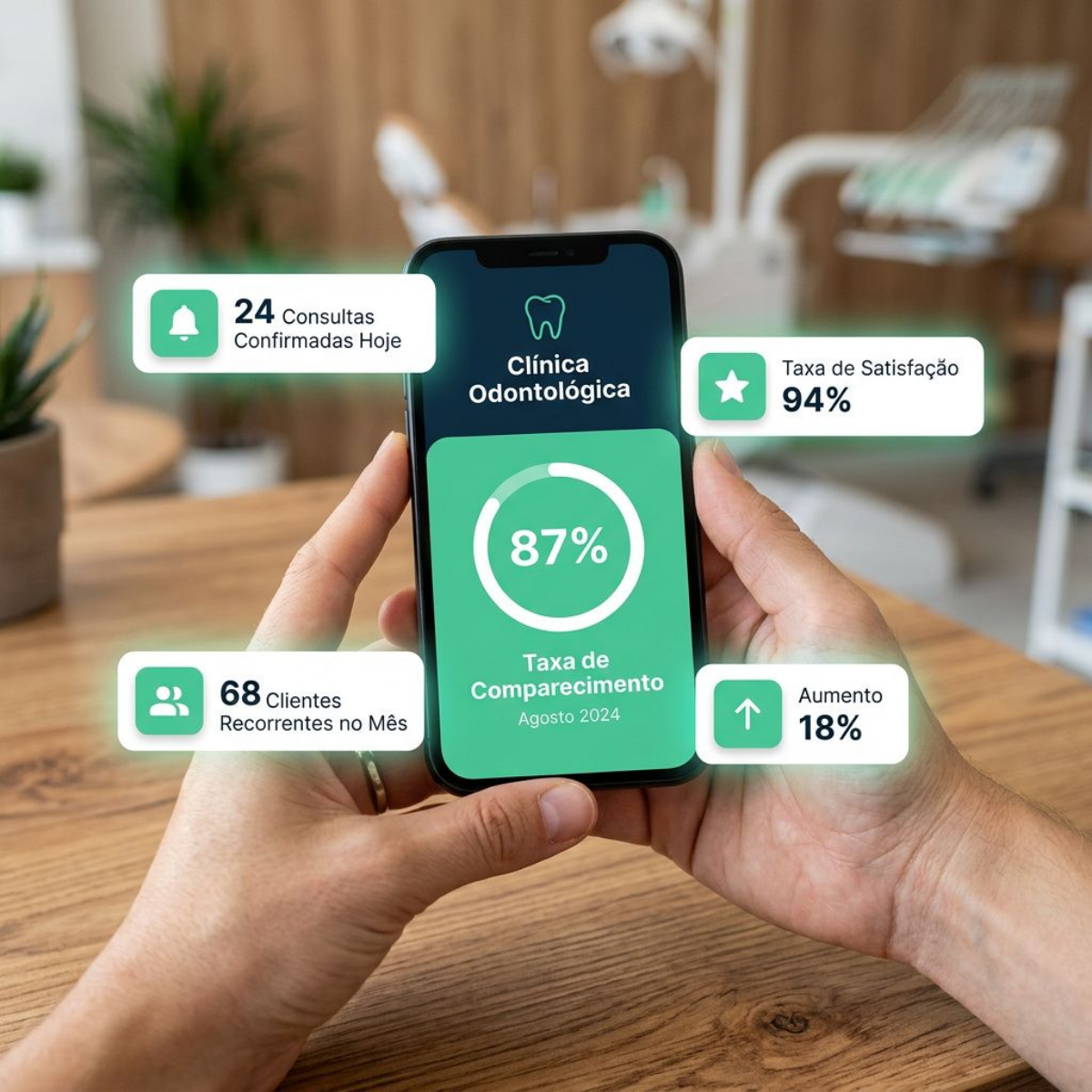 Proprietário vendo métricas da clínica no celular
